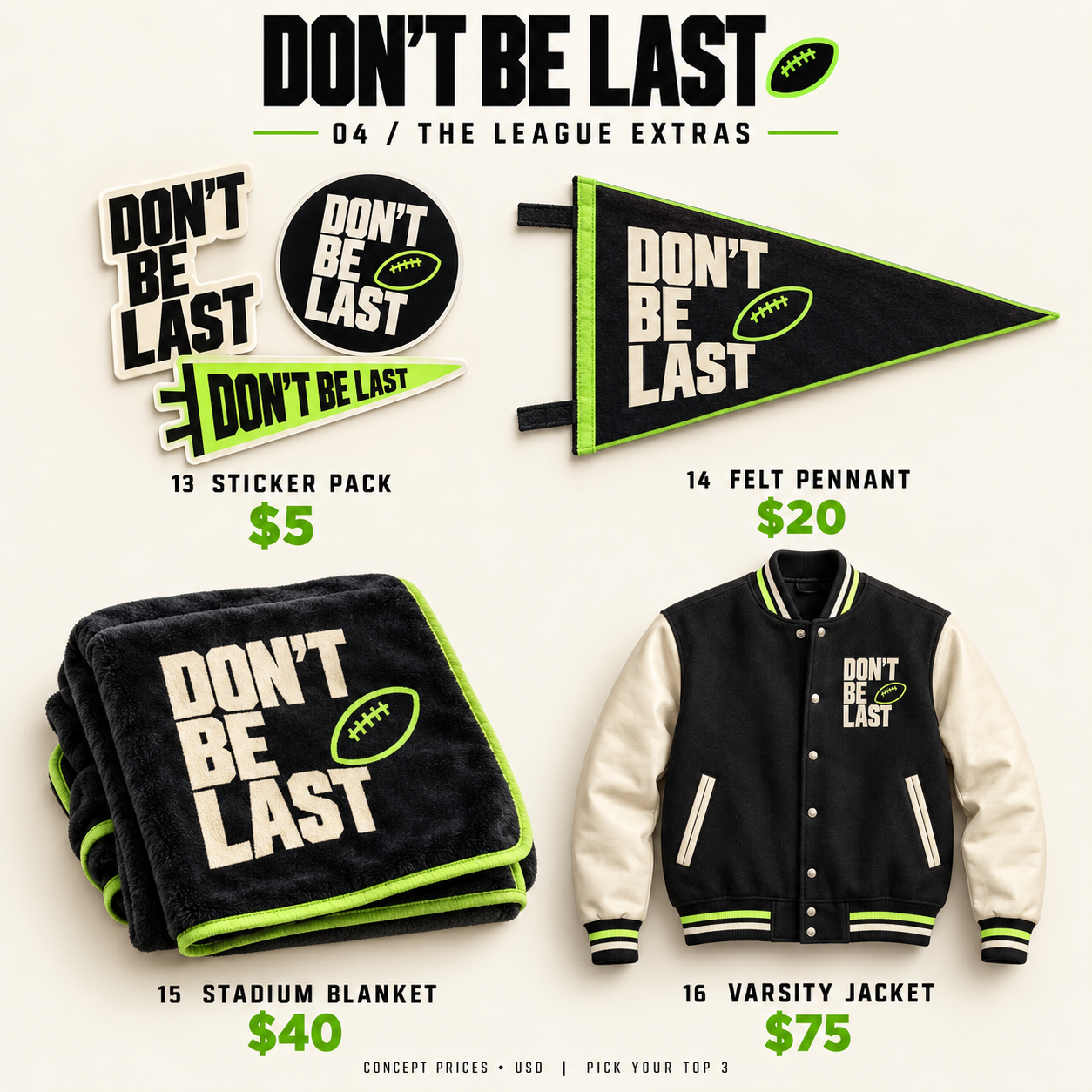 DBL League Extras: sticker pack, felt pennant, stadium blanket and varsity jacket