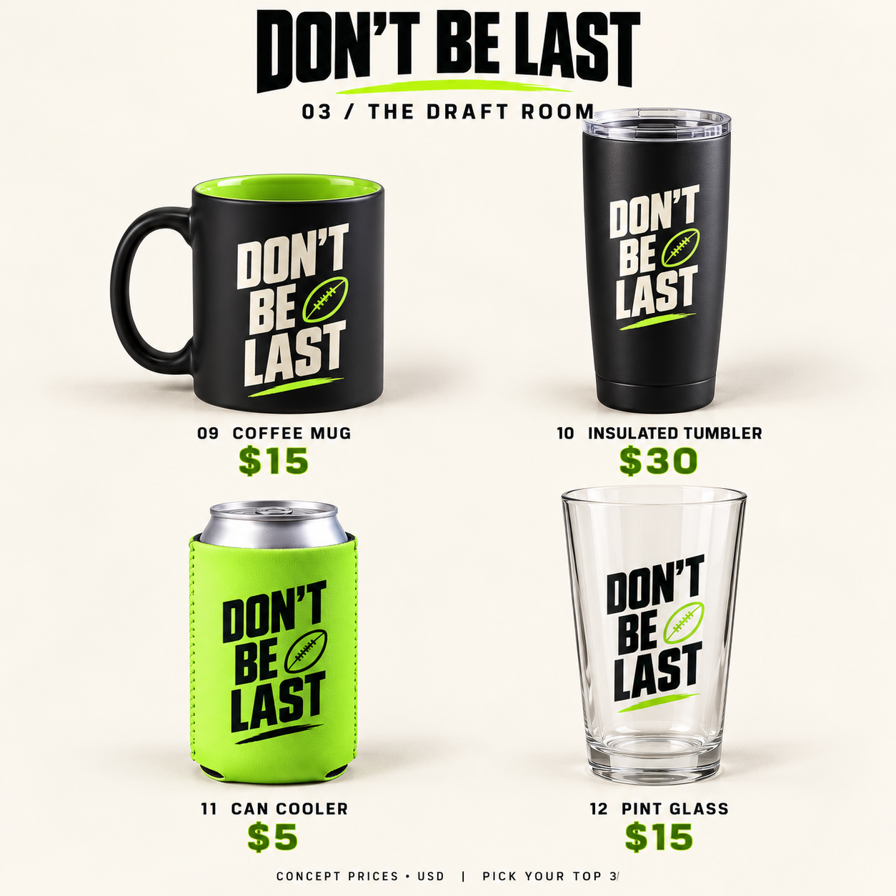 DBL Draft Room: coffee mug, insulated tumbler, can cooler and pint glass