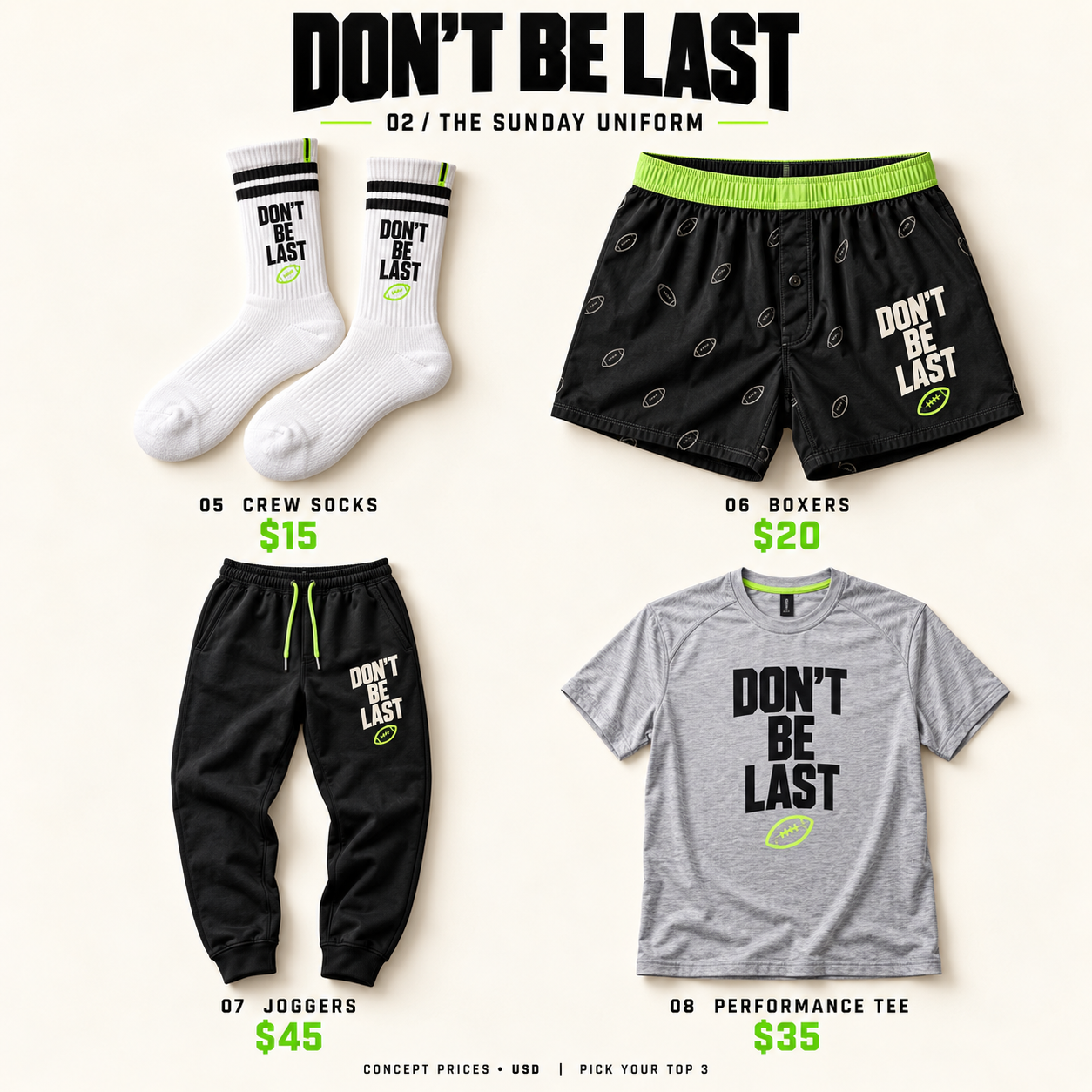 DBL Sunday Uniform: crew socks, boxers, joggers and performance tee